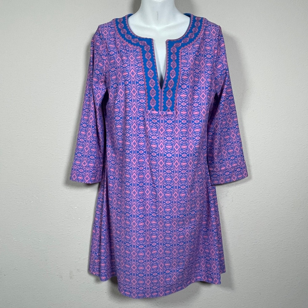 Cabana Life x Talbots Dress M Pink Blue Geometric Embroidered Resort Coastal